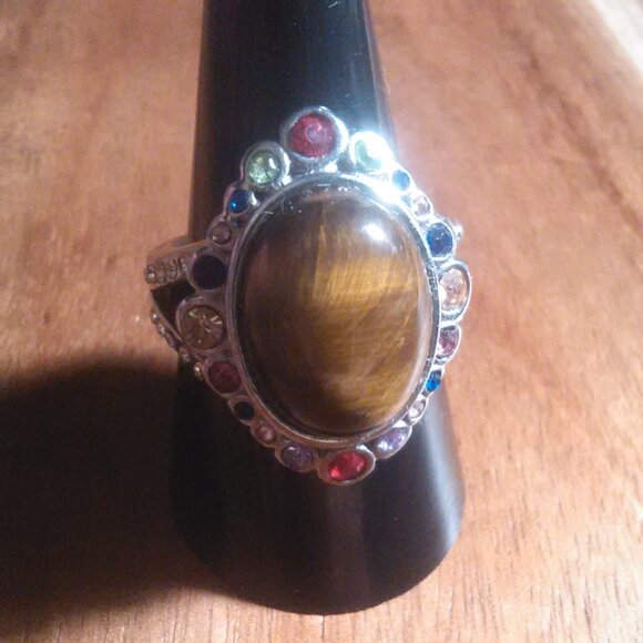 Tiger's Eye and Austrian Crystal Stainless Steel Ring (Size 9) - Picture 12 of 16